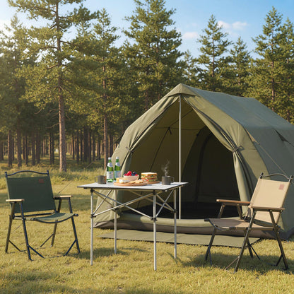 GemGear folding roll-up camping table with metal legs beside a green tent on a grassy campsite on Tampa Home & Garden Store