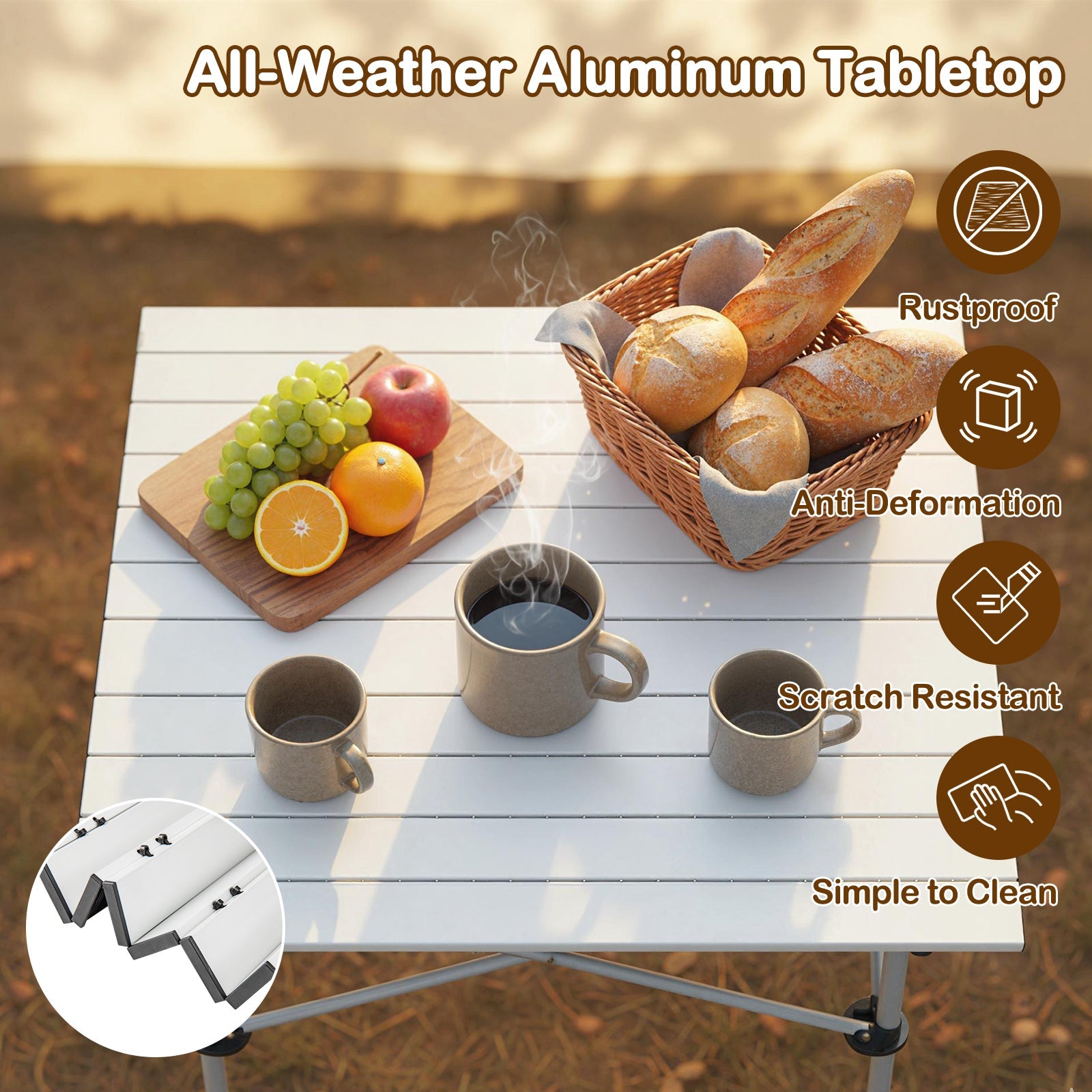 GemGear folding roll-up camping table with metal legs, white slatted top for outdoor dining on Tampa Home & Garden Store