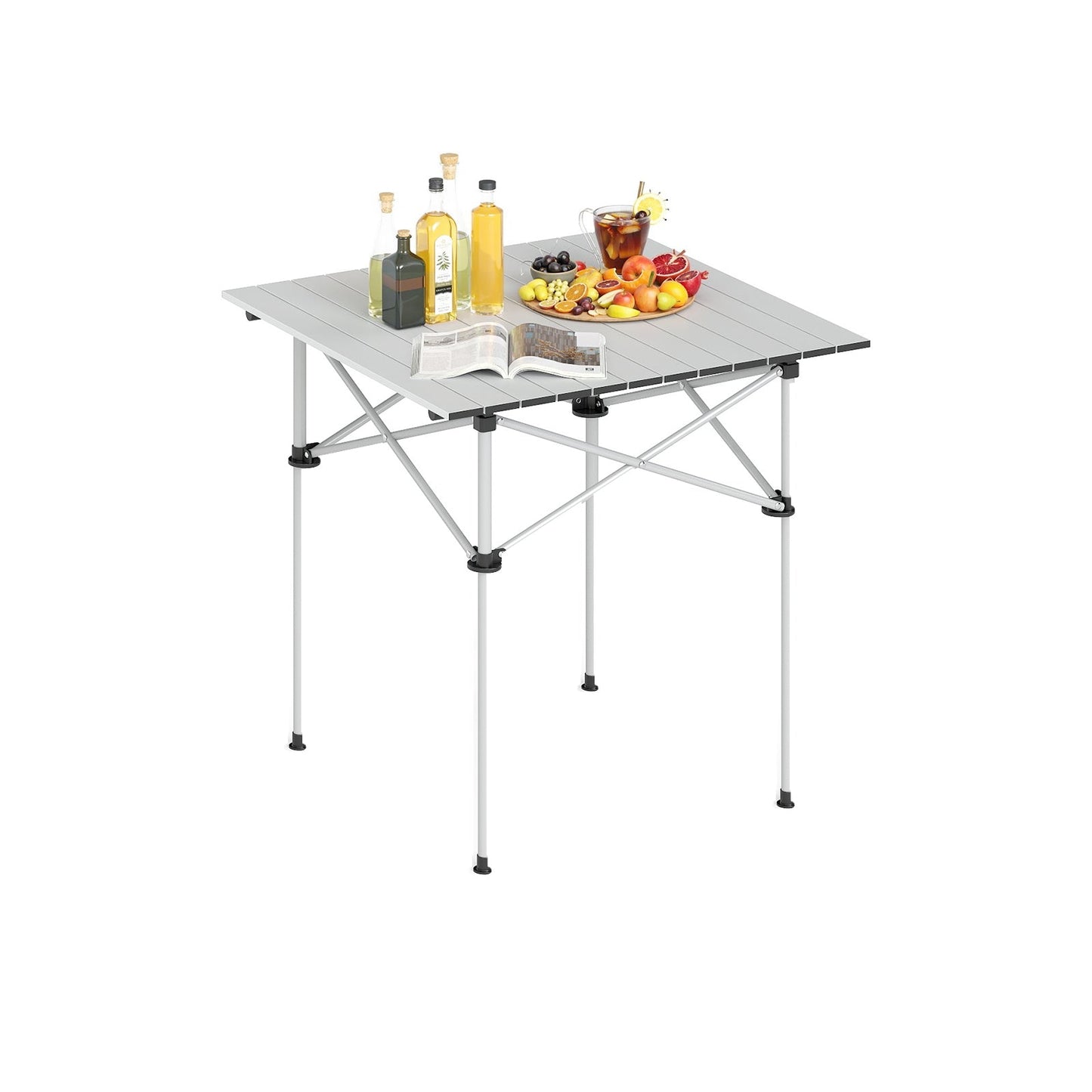 GemGear folding roll-up camping table with metal legs, grey slatted top, bottles and fruit on it on Tampa Home & Garden Store