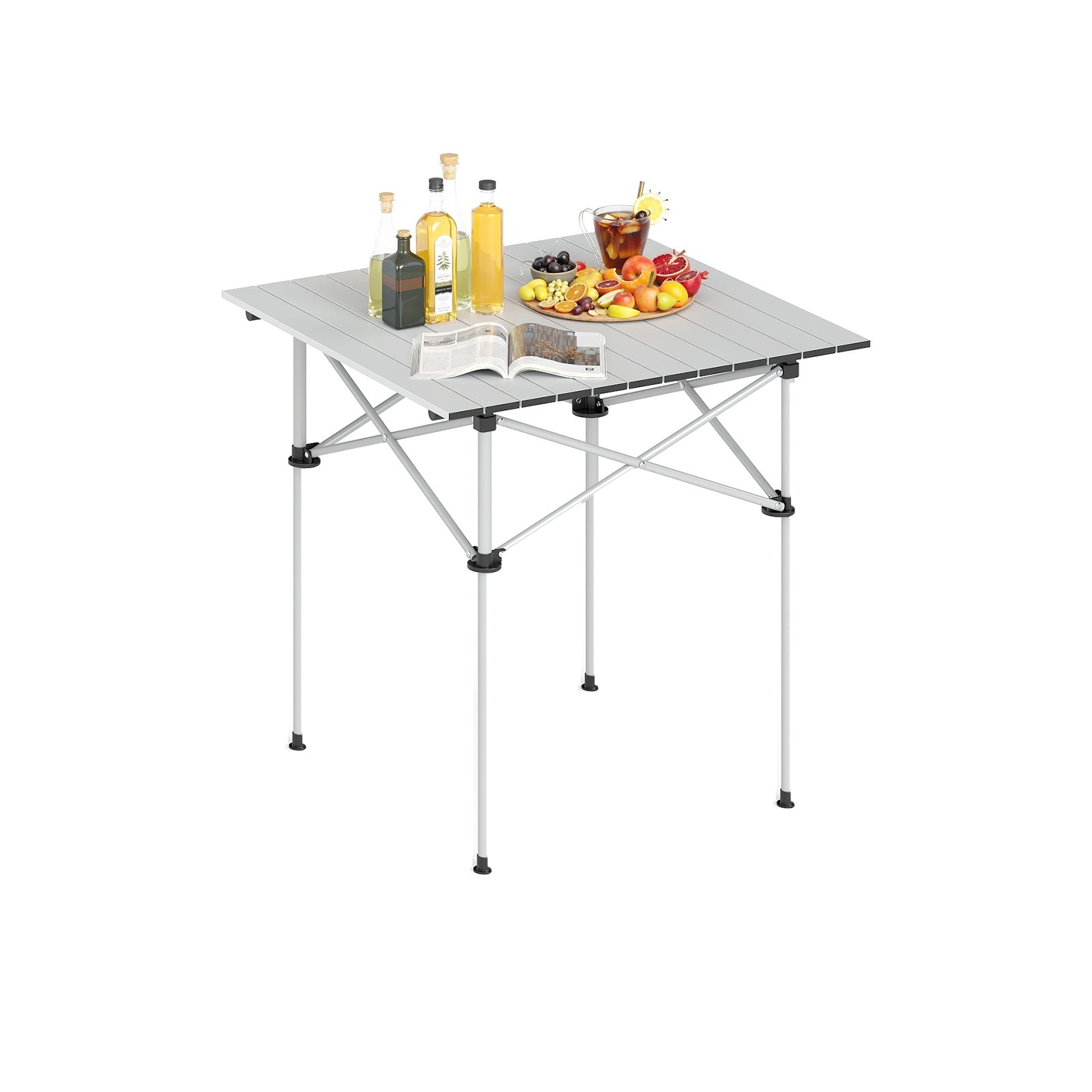 GemGear folding roll-up camping table with metal legs, grey slatted top, bottles and fruit on it on Tampa Home & Garden Store