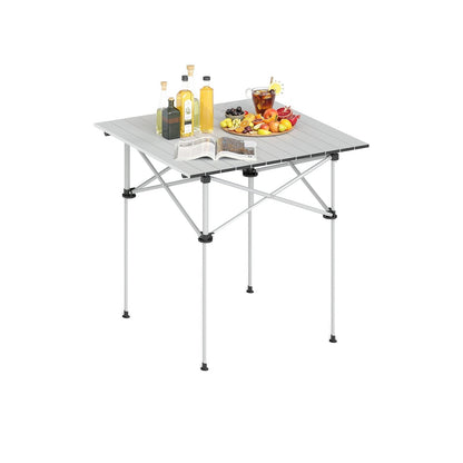 GemGear folding roll-up camping table with metal legs, grey slatted top, bottles and fruit on it on Tampa Home & Garden Store