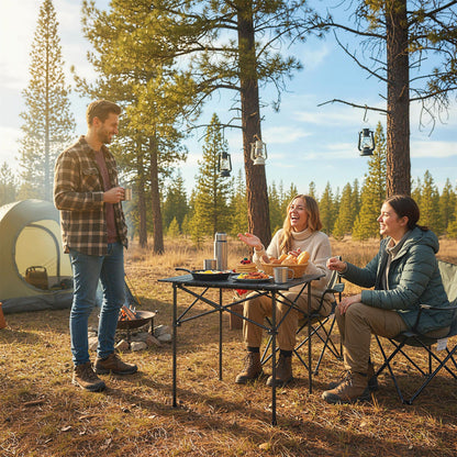 Folding roll-up camping table with sturdy metal legs by GemGear at a forest campsite on Tampa Home & Garden Store