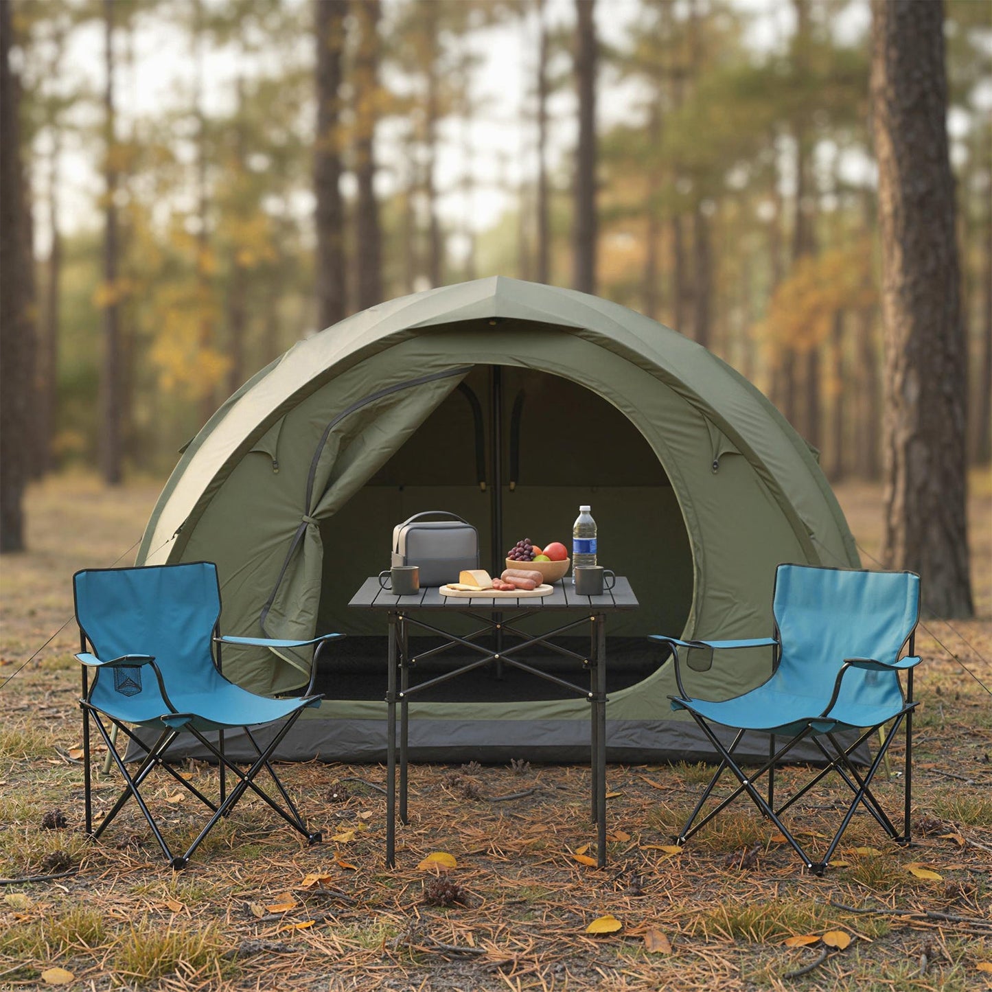 GemGear folding roll-up camping table with metal legs at campsite with tent and blue chairs on Tampa Home & Garden Store