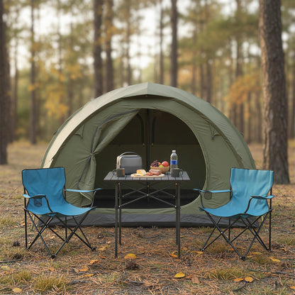GemGear folding roll-up camping table with metal legs at campsite with tent and blue chairs on Tampa Home & Garden Store