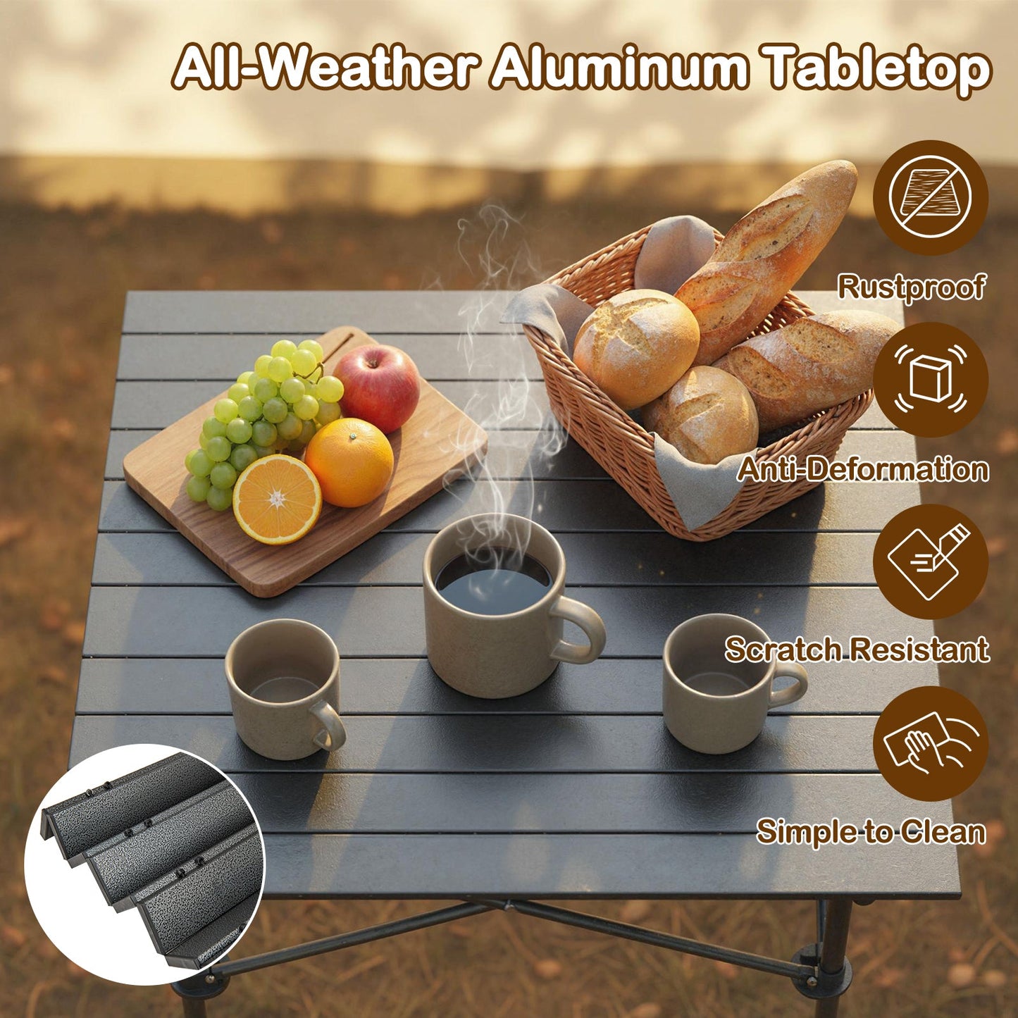 GemGear folding roll-up camping table with metal legs, gray surface, outdoor dining setup on Tampa Home & Garden Store