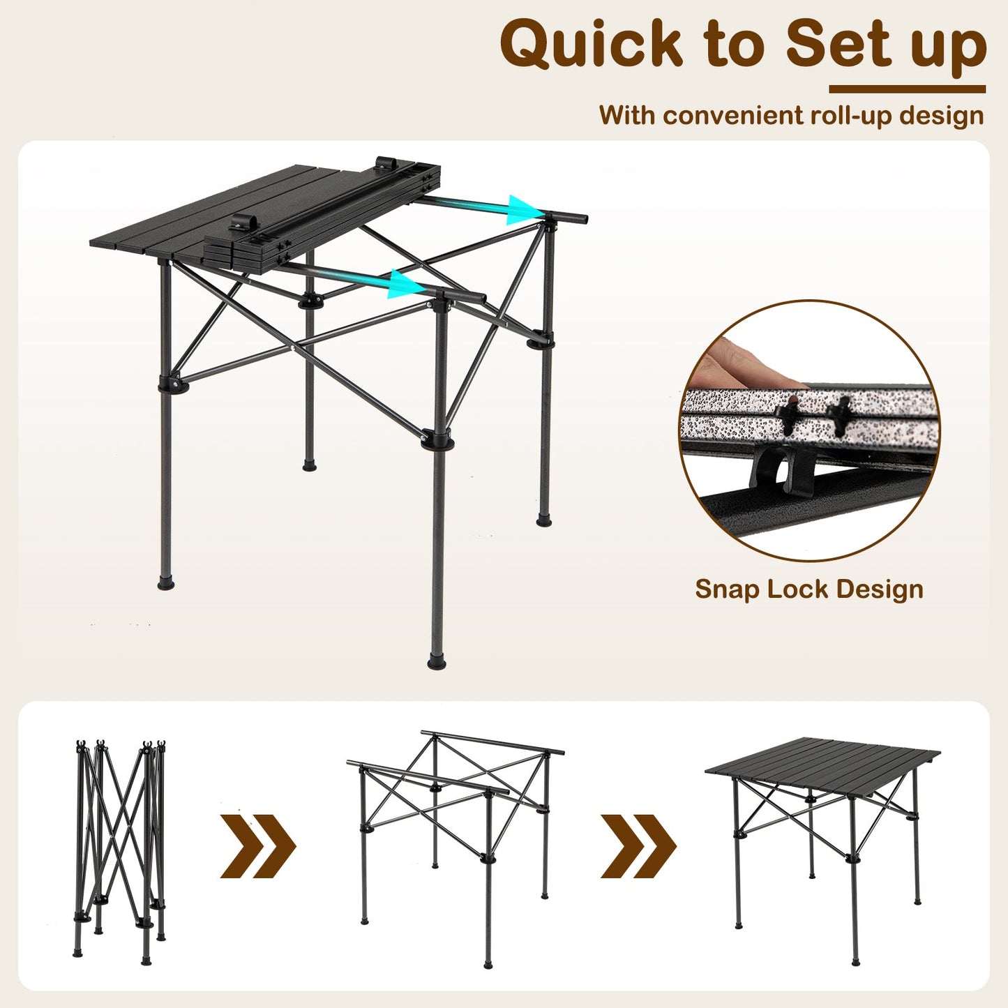 GemGear folding roll-up camping table with metal legs, black finish on Tampa Home & Garden Store