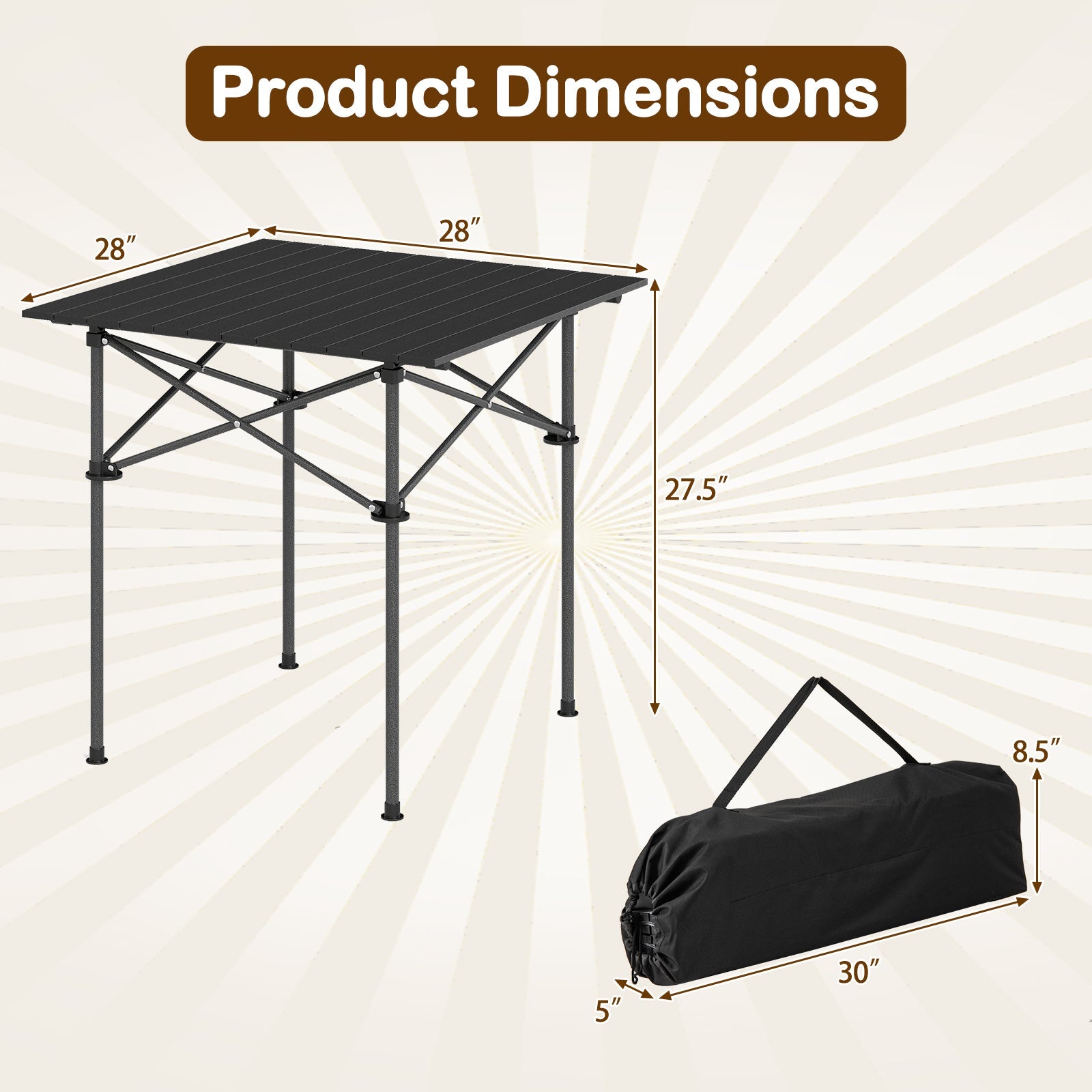 GemGear folding roll-up camping table with metal legs, black 28x28in top, 30in carry bag on Tampa Home & Garden Store