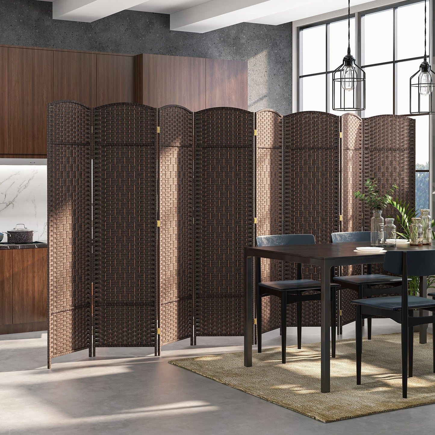 8-Panel Folding Room Divider with Hand-Woven Texture and Solid Wood Frame