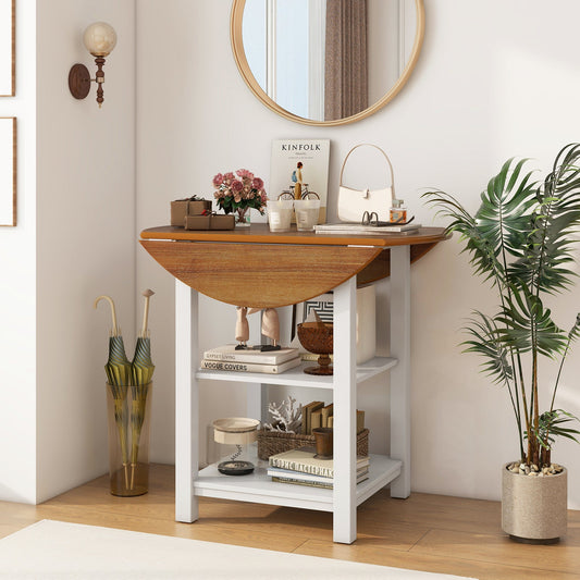 Folding Round Dining Table Drop Leaf Table with 2 Shelves for Small Spaces-White - Tampa Home & Garden Store