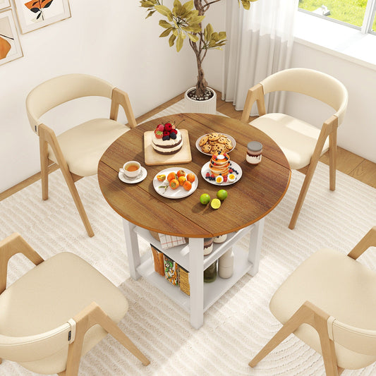 Folding Round Dining Table Drop Leaf Table with 2 Shelves for Small Spaces-White - Tampa Home & Garden Store