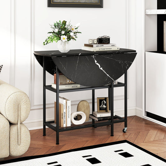 Folding Round Dining Table with Lockable Wheels-Black - Tampa Home & Garden Store