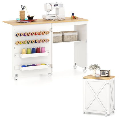 Folding Sewing Table with Storage Shelf and 5 Lockable Wheels-Natural