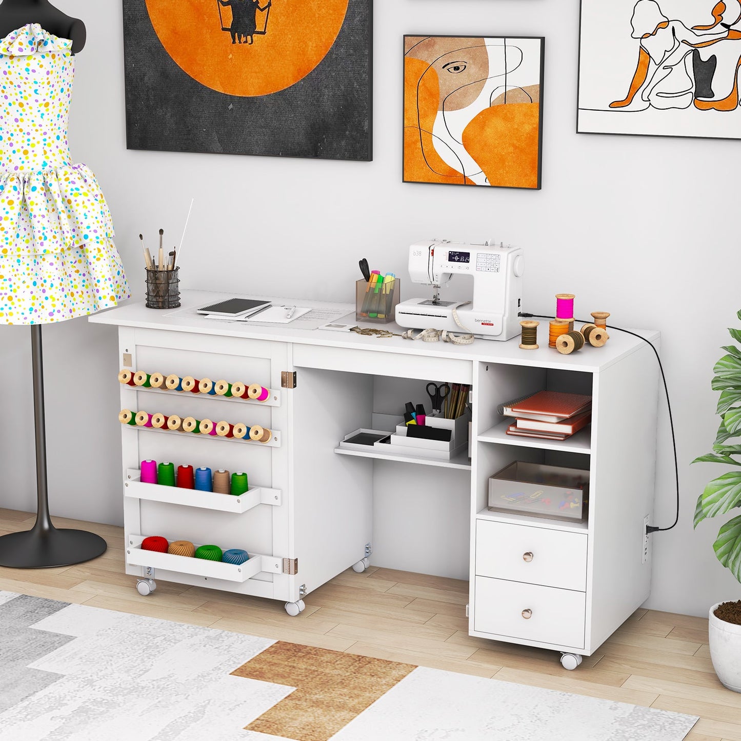 White DirectDeals folding sewing table with charging station and storage shelves on Tampa Home & Garden Store