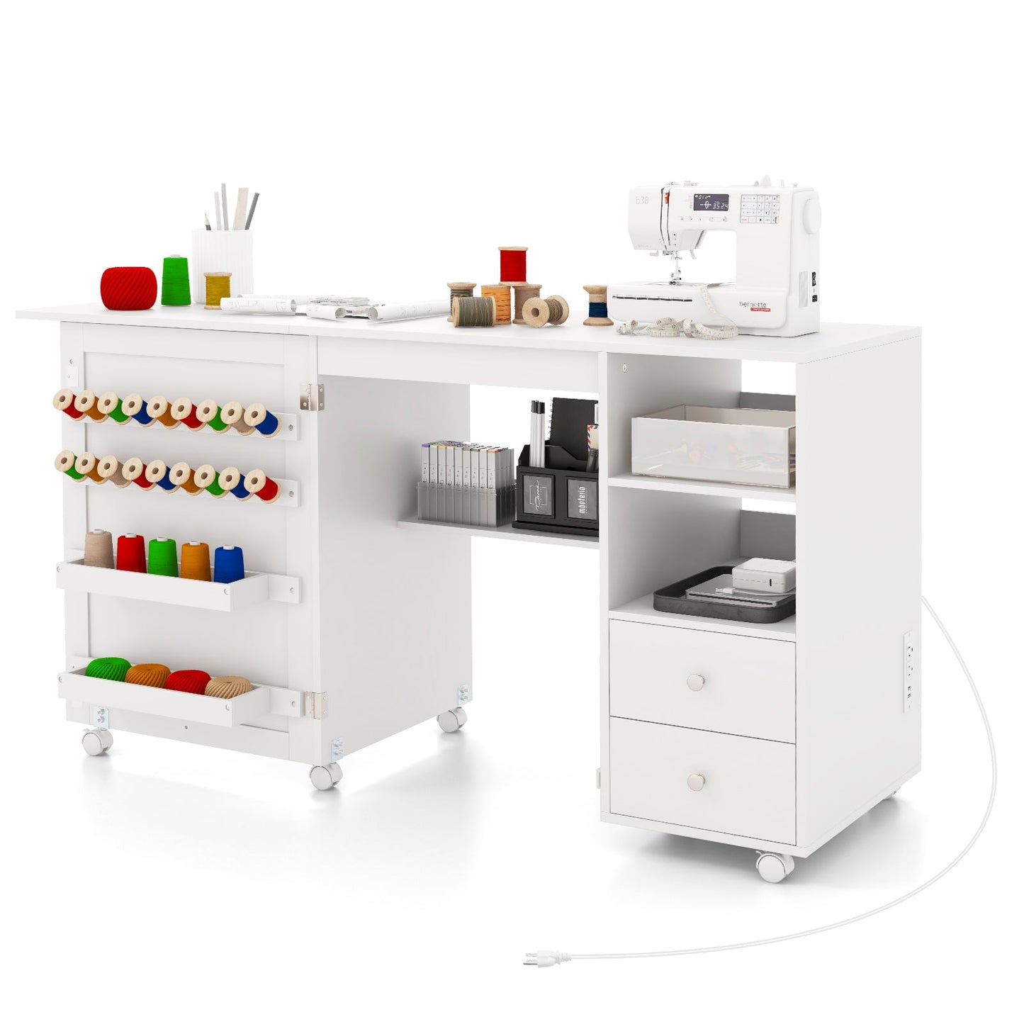 Folding Sewing Table with Charging Station white DirectDeals table with storage shelves on Tampa Home & Garden Store