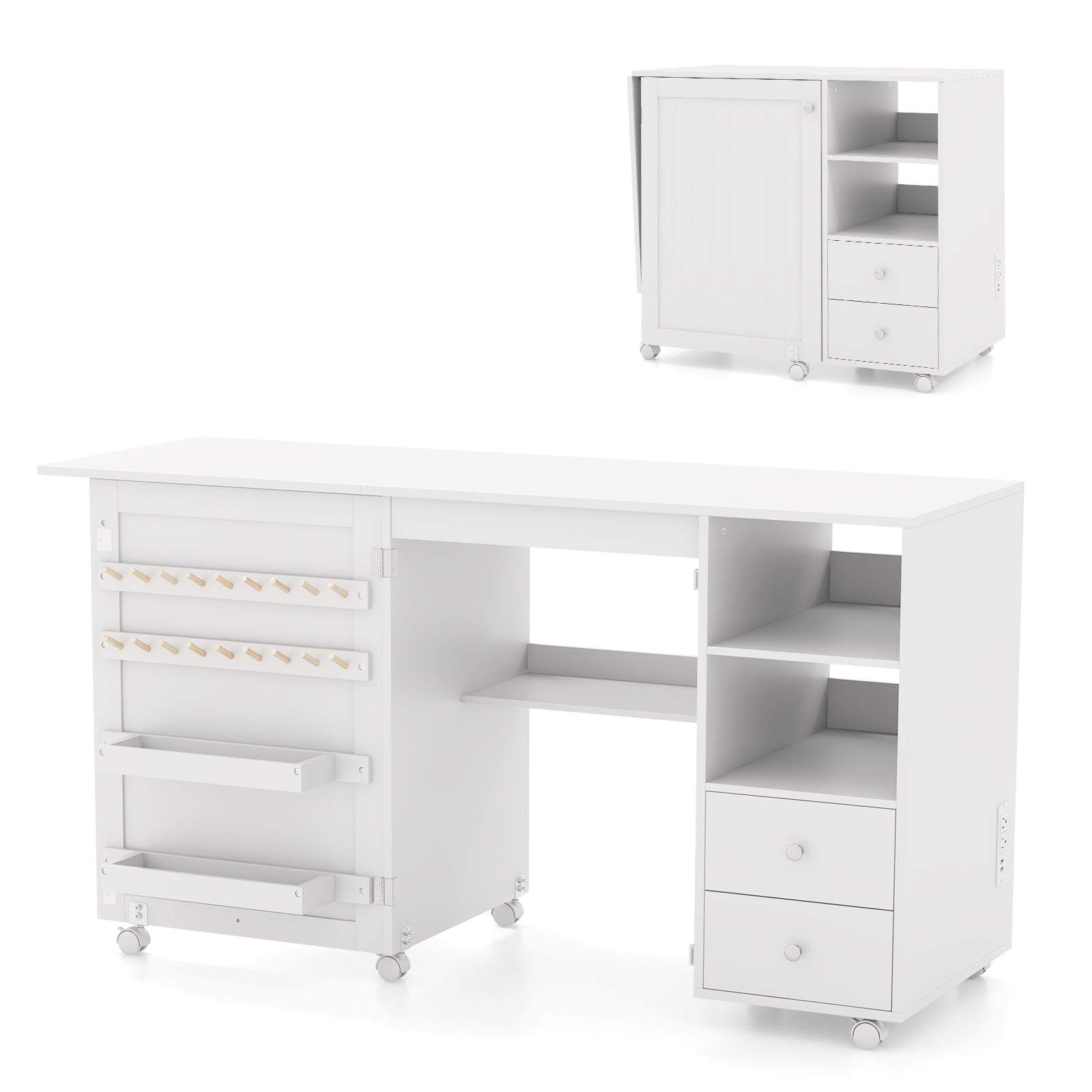 DirectDeals white folding sewing table with charging station and shelves on casters and cabinet on Tampa Home & Garden Store