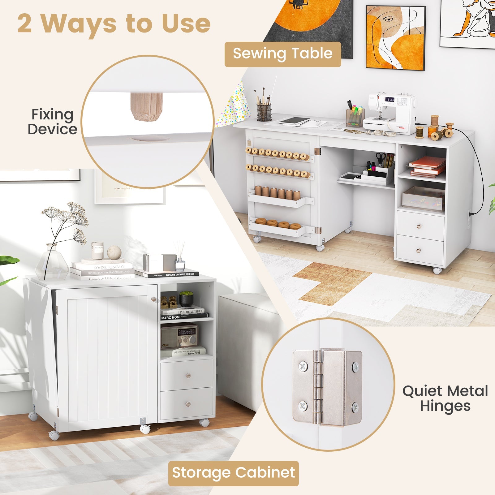 Folding Sewing Table with Charging Station and Storage Shelves - White by DirectDeals on Tampa Home & Garden Store