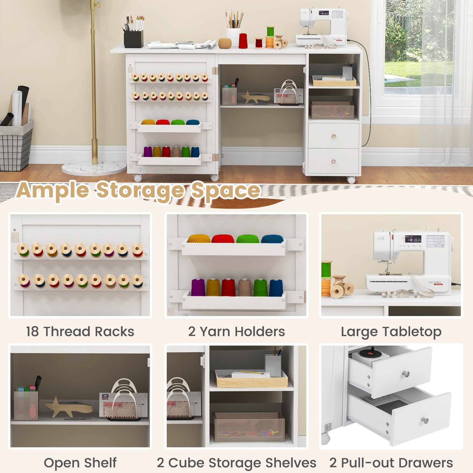 DirectDeals Folding Sewing Table with Charging Station and Storage Shelves, 18 thread racks on Tampa Home & Garden Store