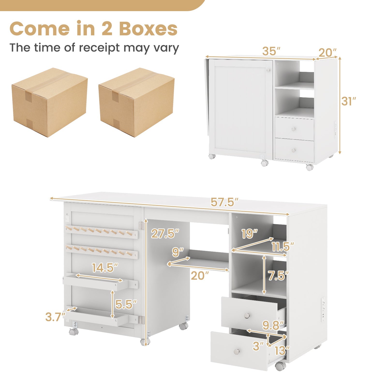 Folding sewing table with charging station and storage shelves in white DirectDeals on Tampa Home & Garden Store