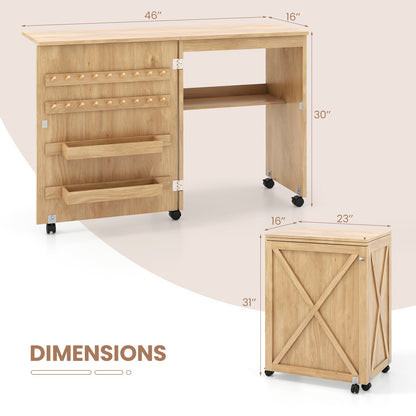Folding Sewing Table with Storage Shelf and 5 Lockable Wheels-Natural