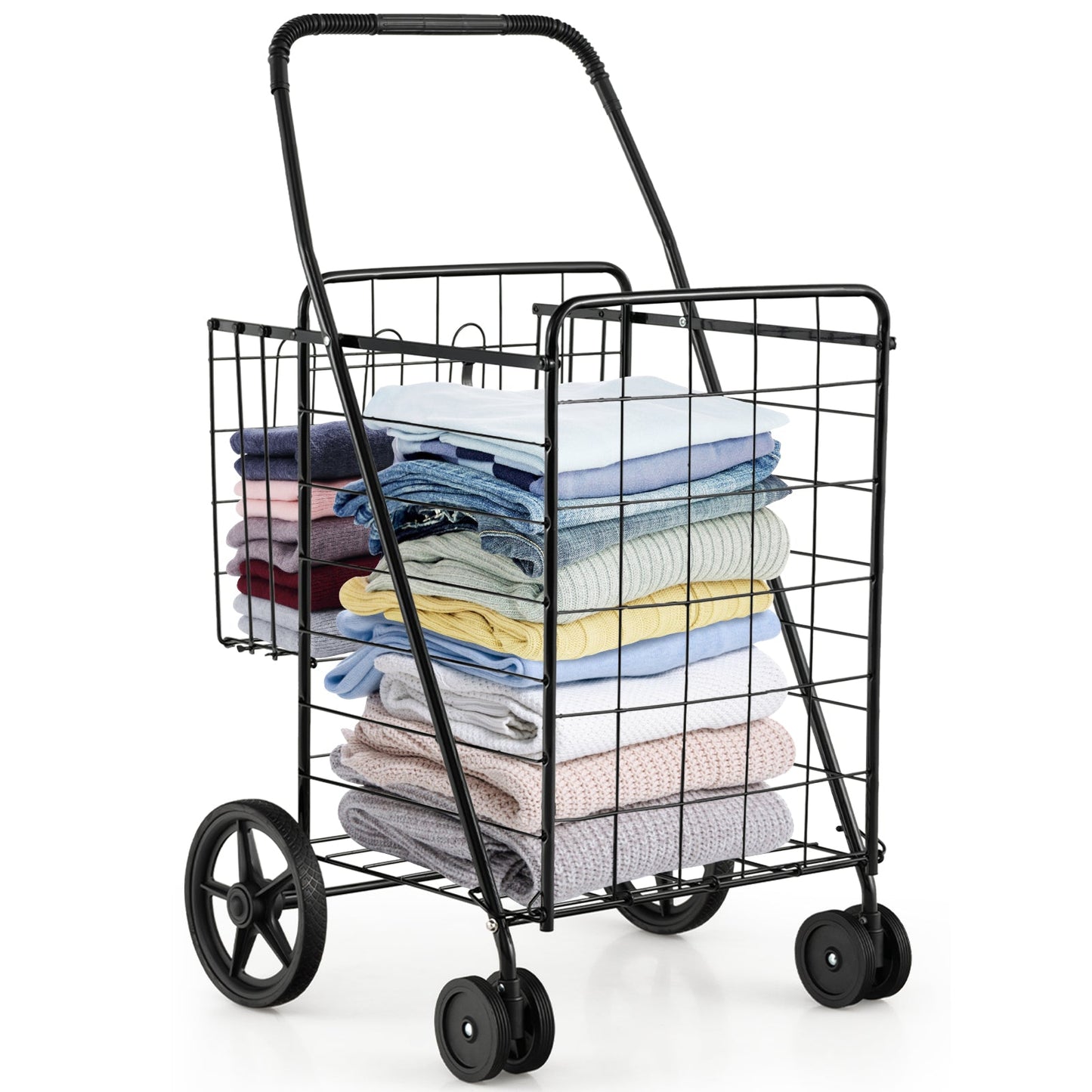 Carrito de compras plegable para ropa sucia con ruedas giratorias y cestas de almacenamiento dobles - Negro