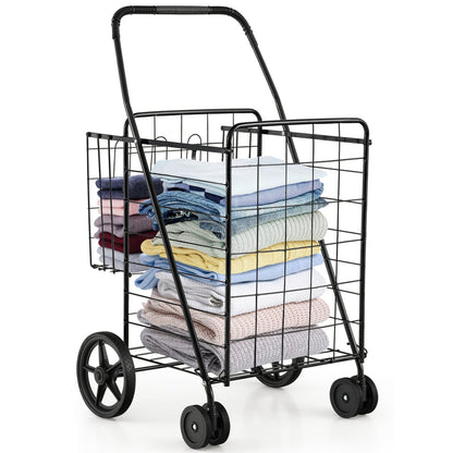 Carrito de compras plegable para ropa sucia con ruedas giratorias y cestas de almacenamiento dobles - Negro