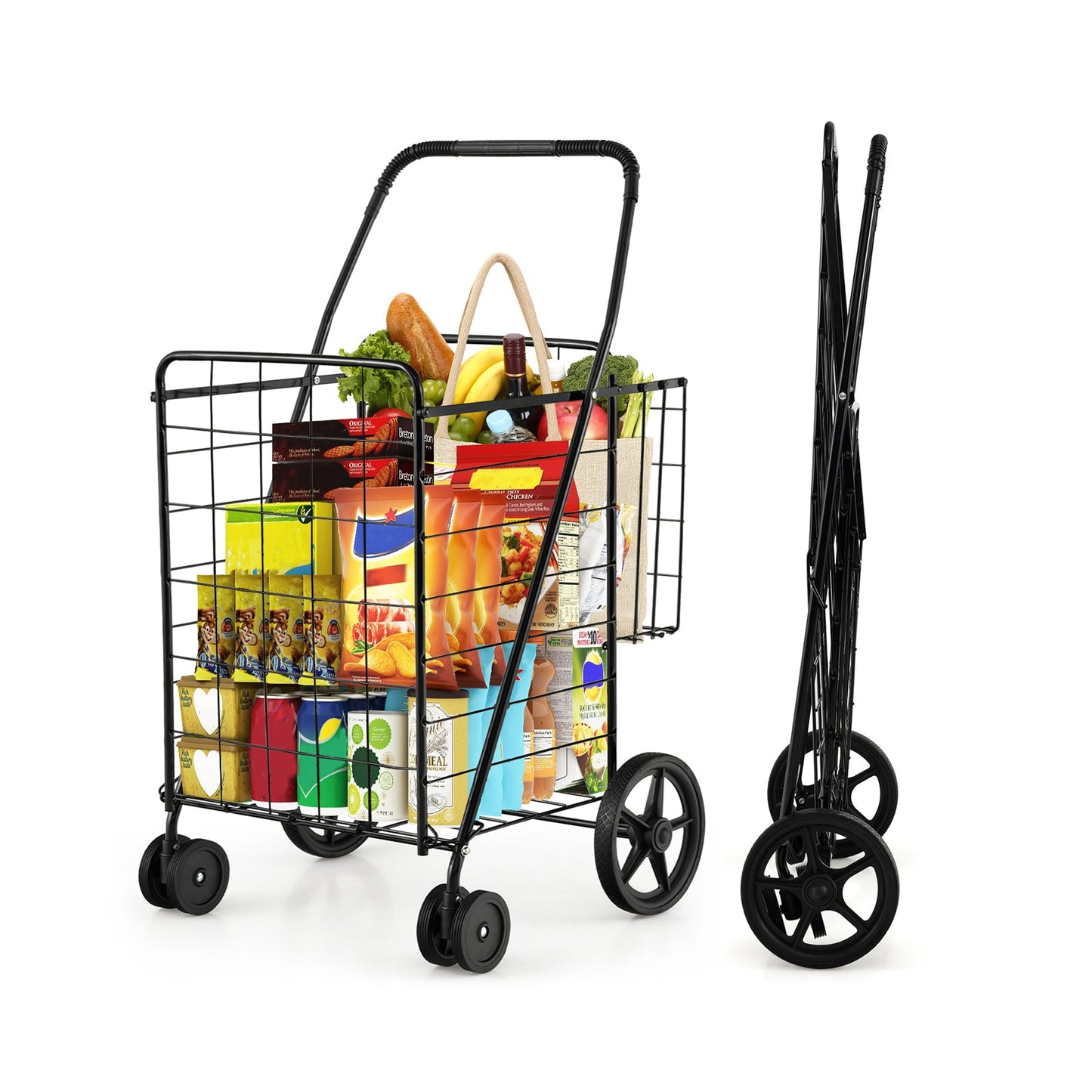 Carrito de compras plegable para ropa sucia con ruedas giratorias y cestas de almacenamiento dobles - Negro
