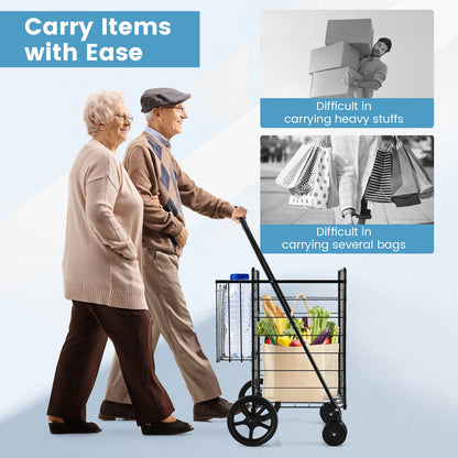 Carrito de compras plegable para ropa sucia con ruedas giratorias y cestas de almacenamiento dobles - Negro