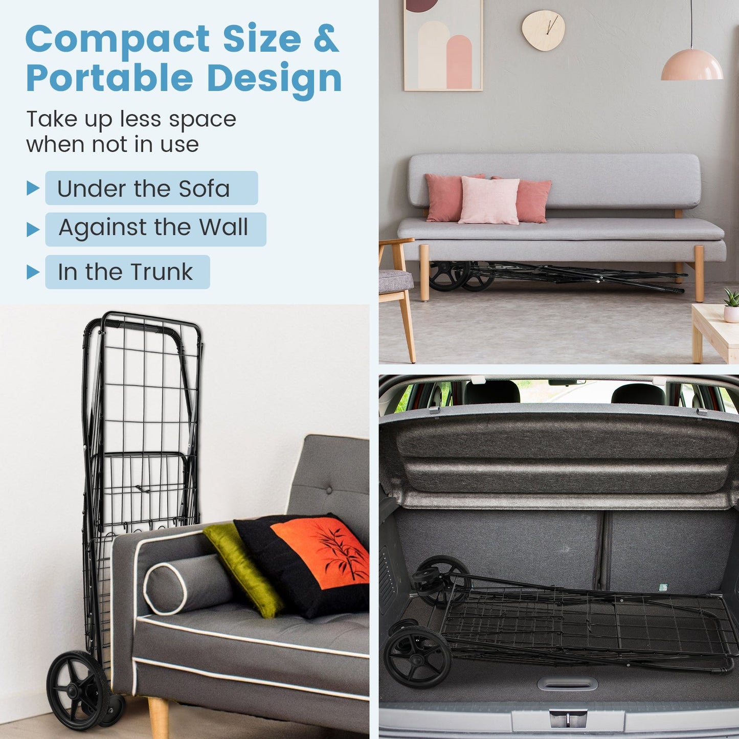 Carrito de compras plegable para ropa sucia con ruedas giratorias y cestas de almacenamiento dobles - Negro