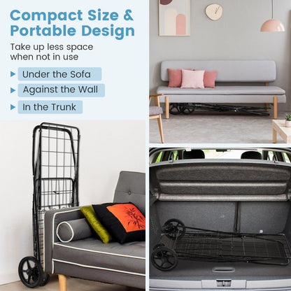 Carrito de compras plegable para ropa sucia con ruedas giratorias y cestas de almacenamiento dobles - Negro