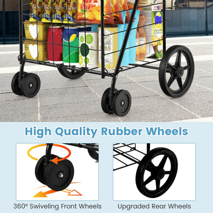 Carrito de compras plegable para ropa sucia con ruedas giratorias y cestas de almacenamiento dobles - Negro