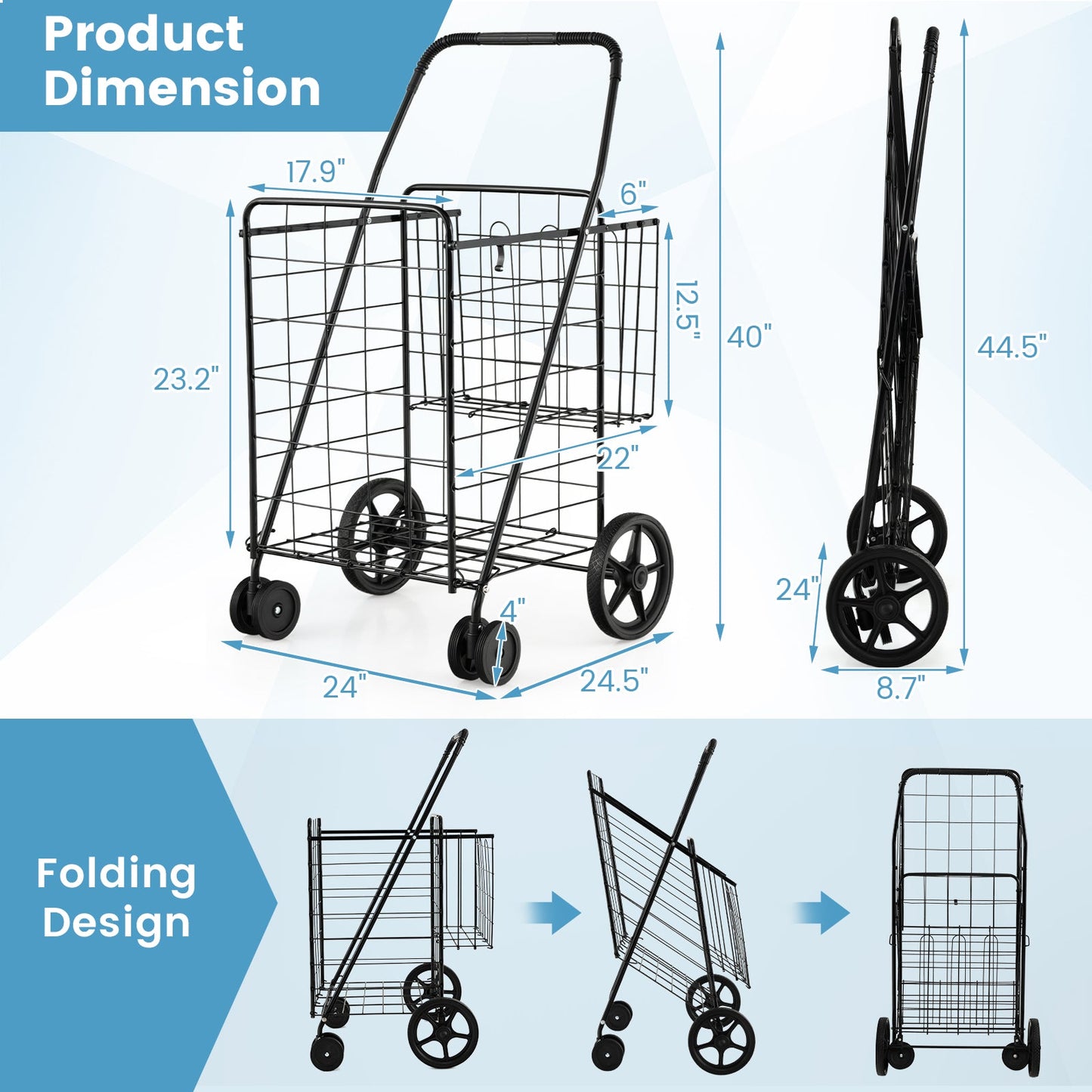 Carrito de compras plegable para ropa sucia con ruedas giratorias y cestas de almacenamiento dobles - Negro