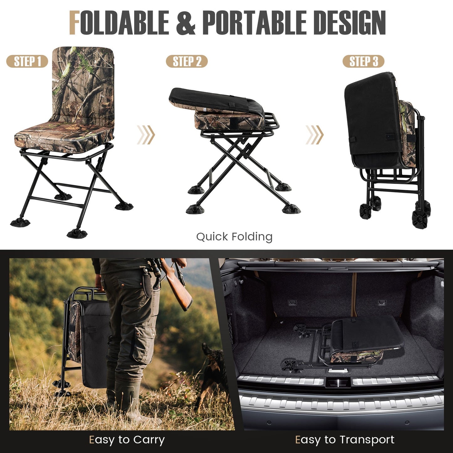 GemGear Swivel Folding Camp Chair with Backrest and Padded Camouflage Cushion, Metal Frame on Tampa Home & Garden Store