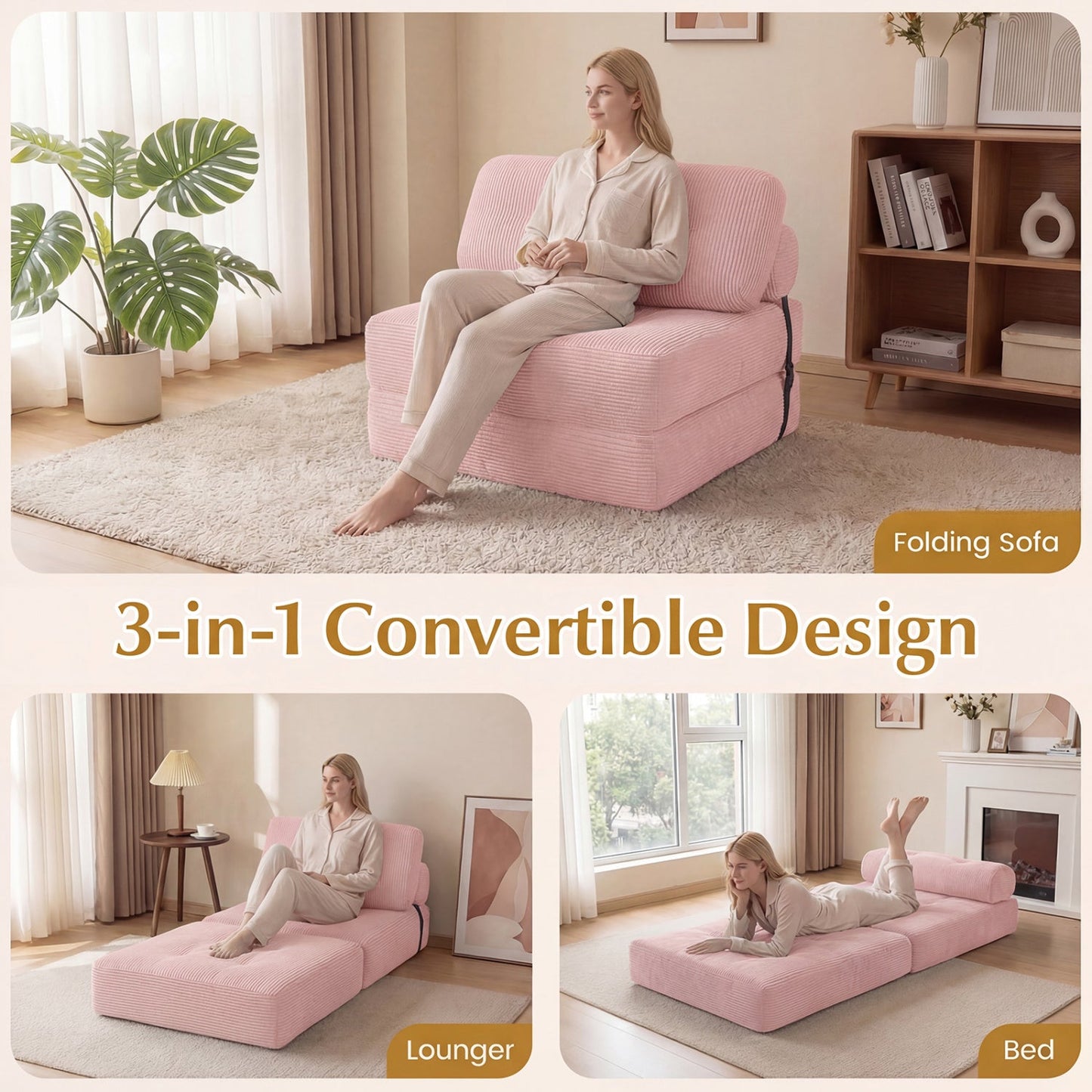 Folding Sofa Bed With Pillow and Back Support