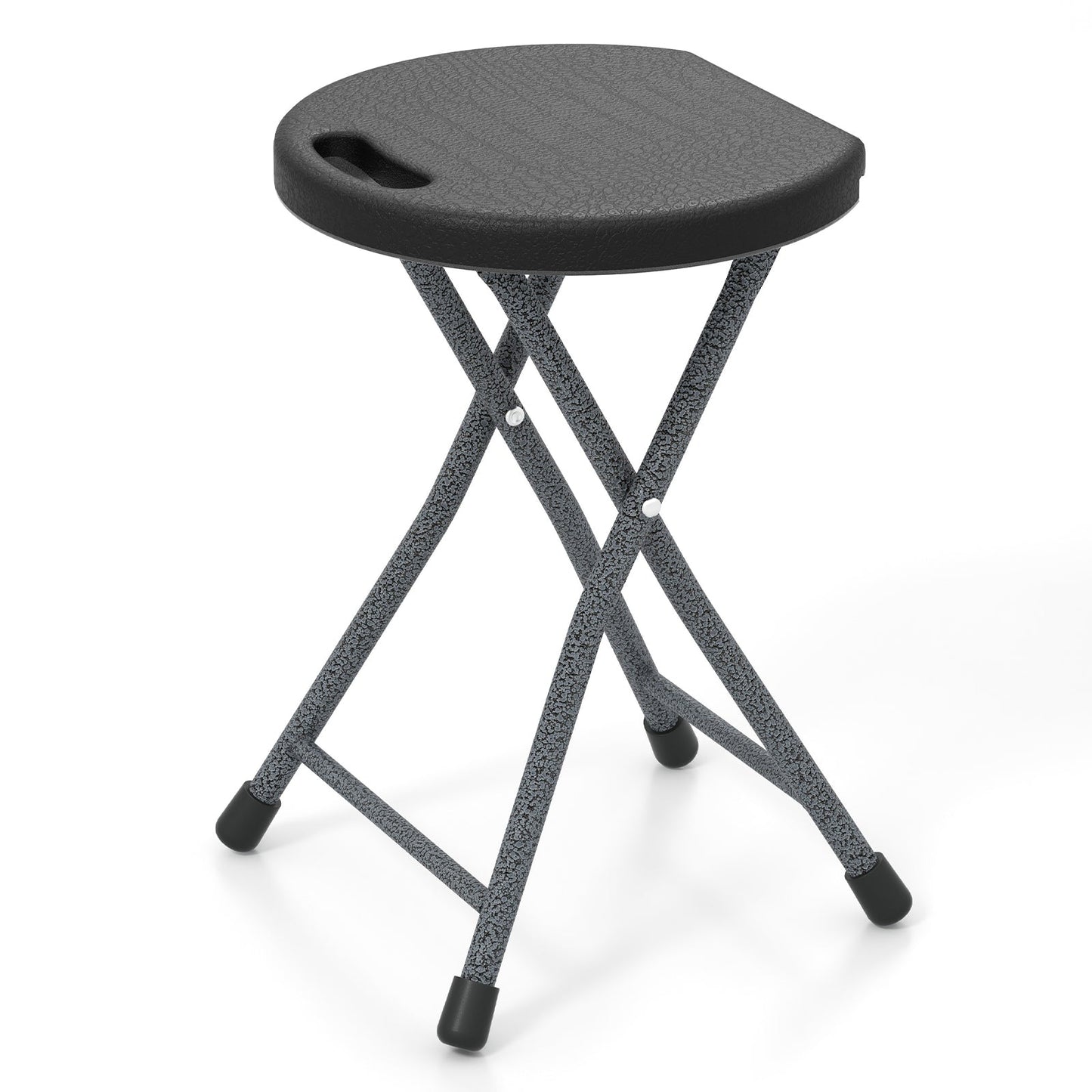 GemGear folding stool with built-in handle, black round seat, textured gray metal legs on Tampa Home & Garden Store