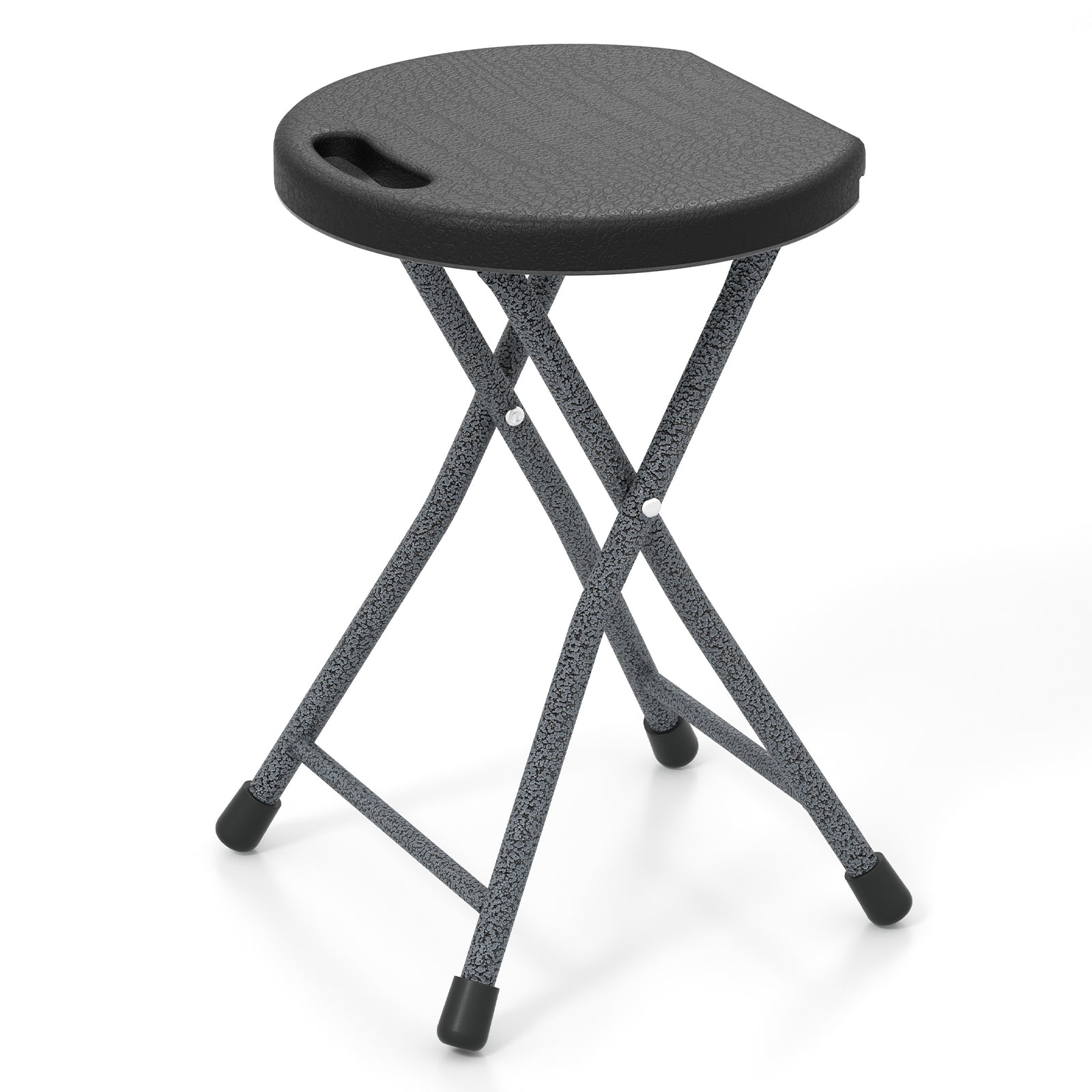 GemGear folding stool with built-in handle, black round seat, textured gray metal legs on Tampa Home & Garden Store