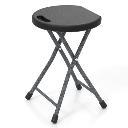 GemGear folding stool with built-in handle, black round seat, textured gray metal legs on Tampa Home & Garden Store