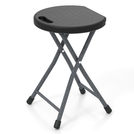 GemGear folding stool with built-in handle, black round seat, textured gray metal legs on Tampa Home & Garden Store