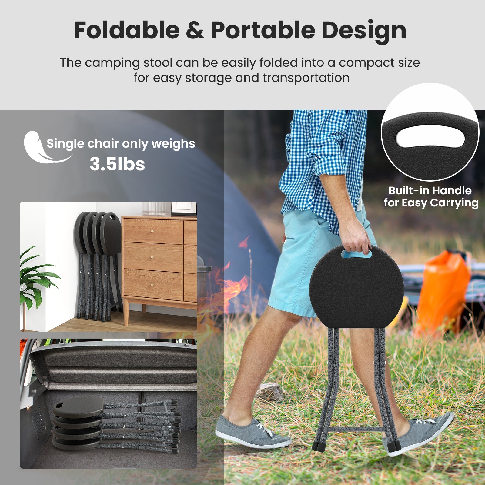 GemGear Folding Stool with Built-in Handle for Adults, black portable camp stool on Tampa Home & Garden Store