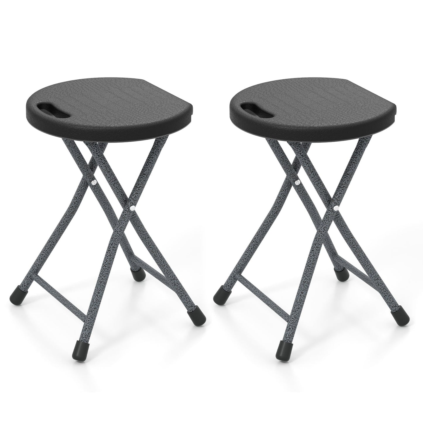 Folding Stool GemGear with built-in handle; two gray speckled stools with black round seats on Tampa Home & Garden Store