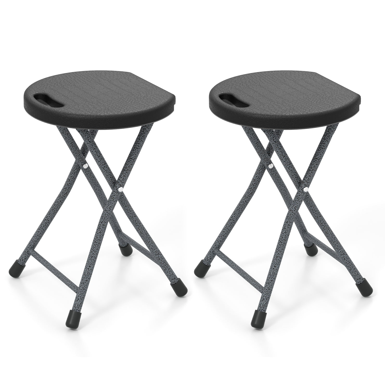 Folding Stool GemGear with built-in handle; two gray speckled stools with black round seats on Tampa Home & Garden Store