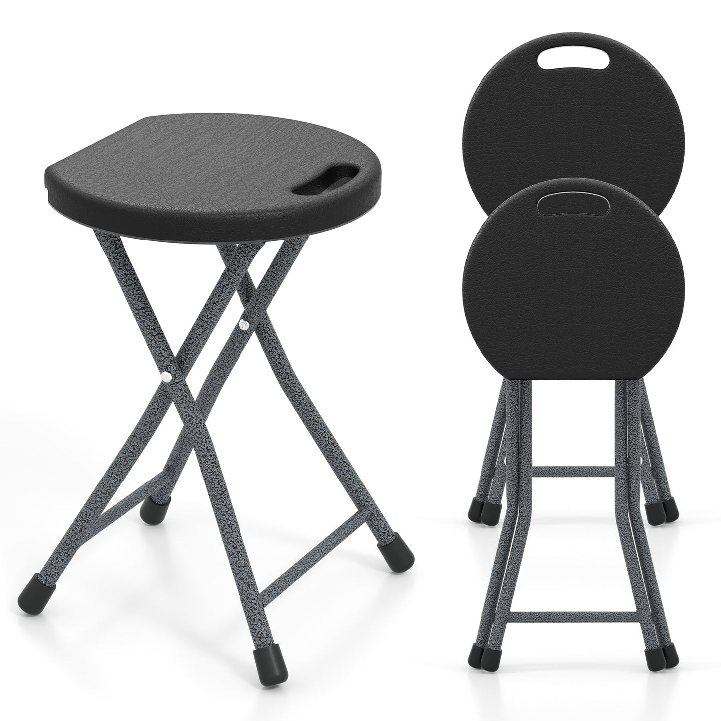 Folding Stool built-in handle for adults, black seat, gray speckled legs, 2 stools shown on Tampa Home & Garden Store