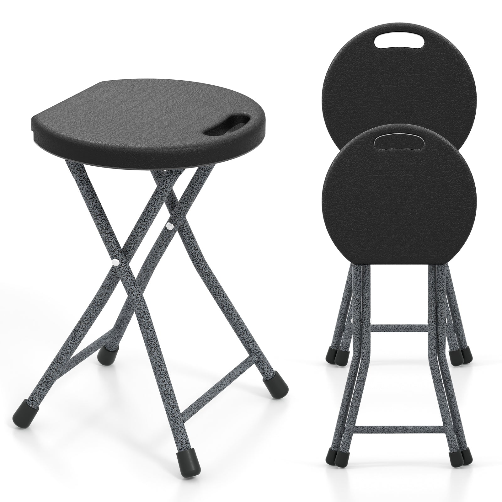 Folding Stool built-in handle for adults, black seat, gray speckled legs, 2 stools shown on Tampa Home & Garden Store