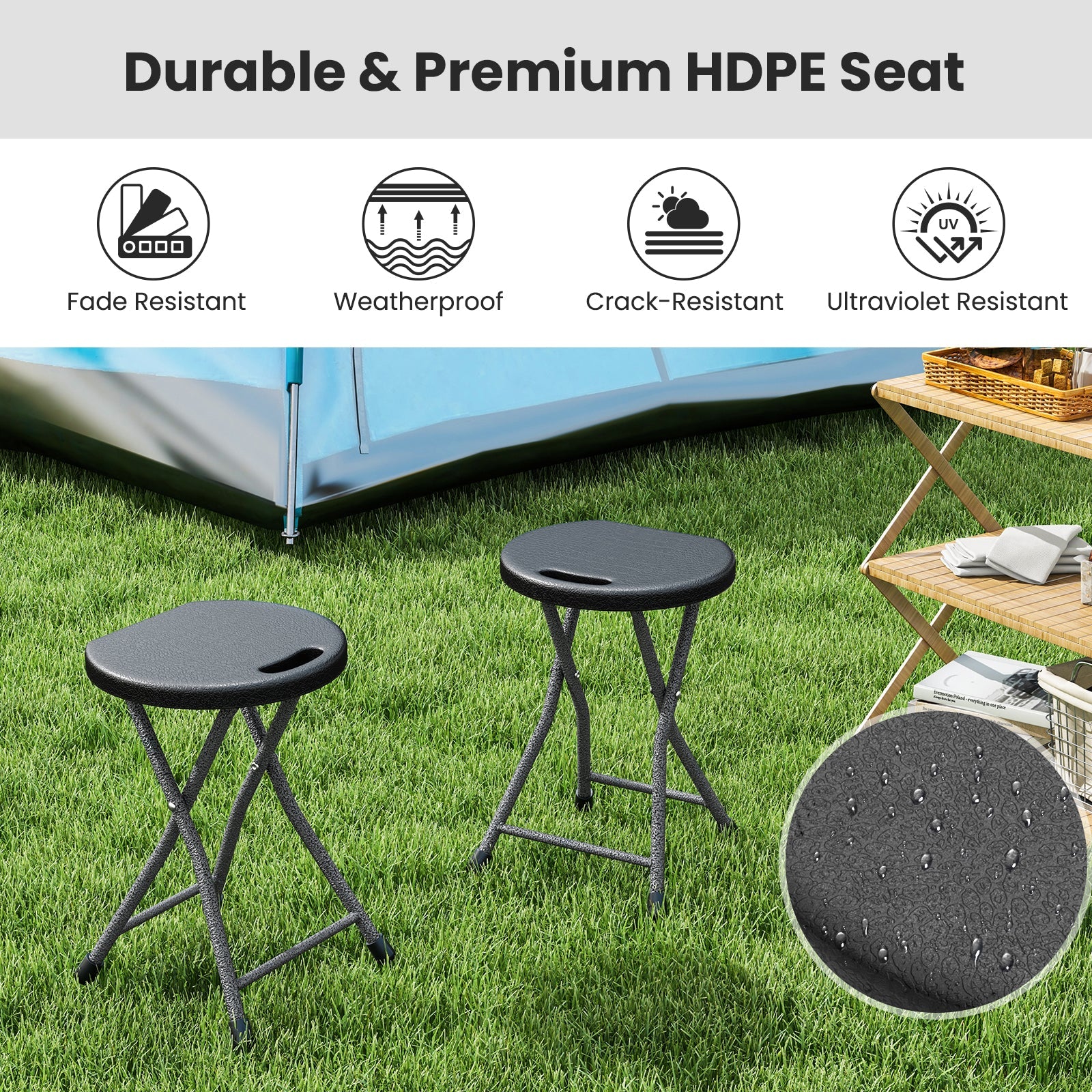GemGear folding stool with built-in handle, black HDPE seat, steel legs, 2 stools on lawn on Tampa Home & Garden Store