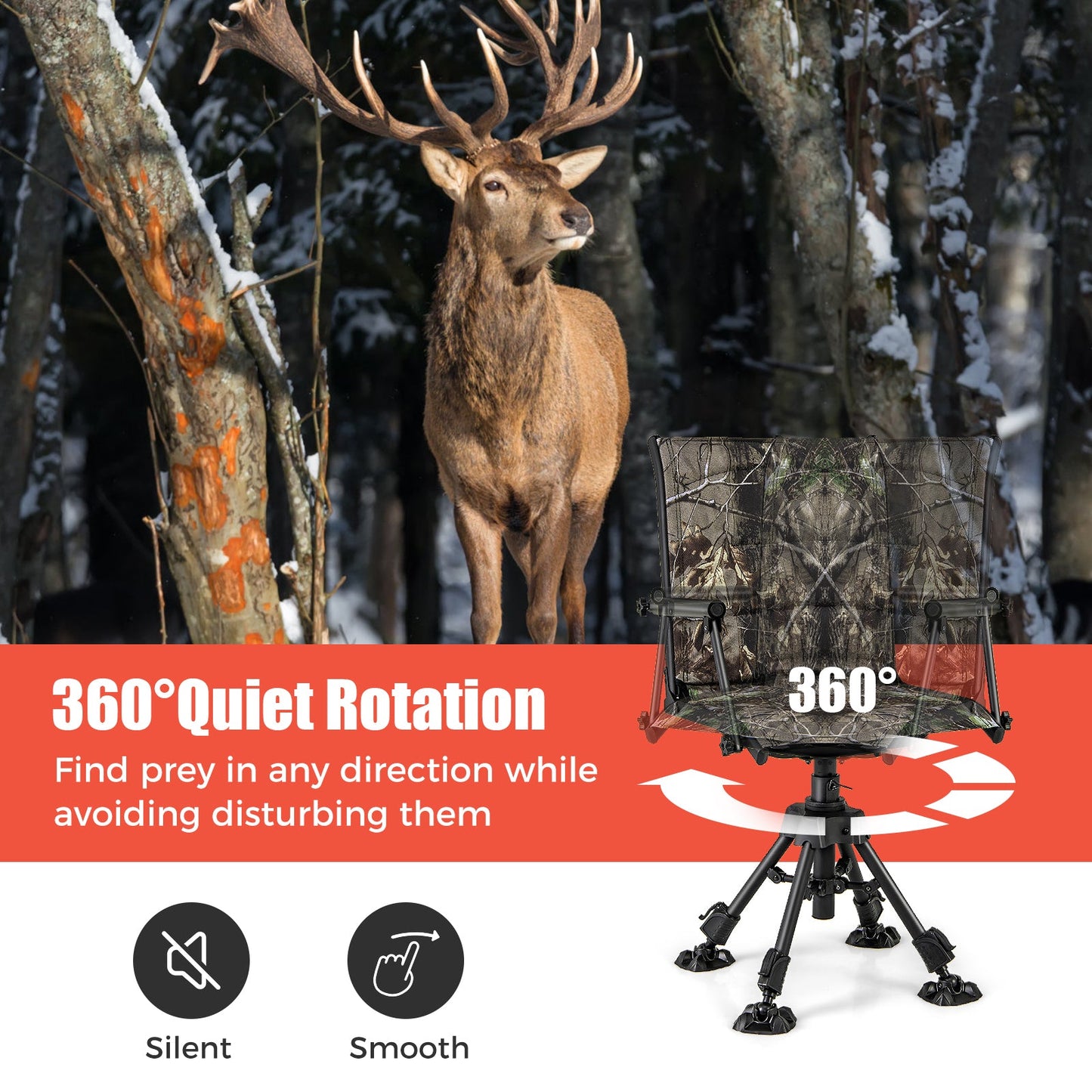 GemGear Folding Swivel Patio Chair with 4 adjustable legs in camo fabric in snowy forest on Tampa Home & Garden Store