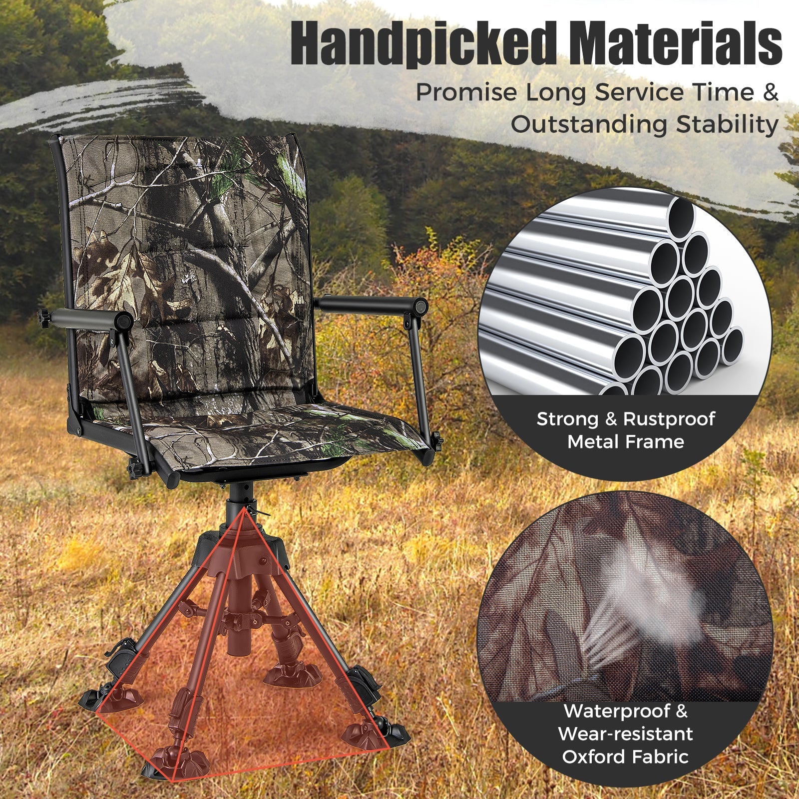 GemGear folding swivel patio chair in camo fabric with four adjustable legs on Tampa Home & Garden Store