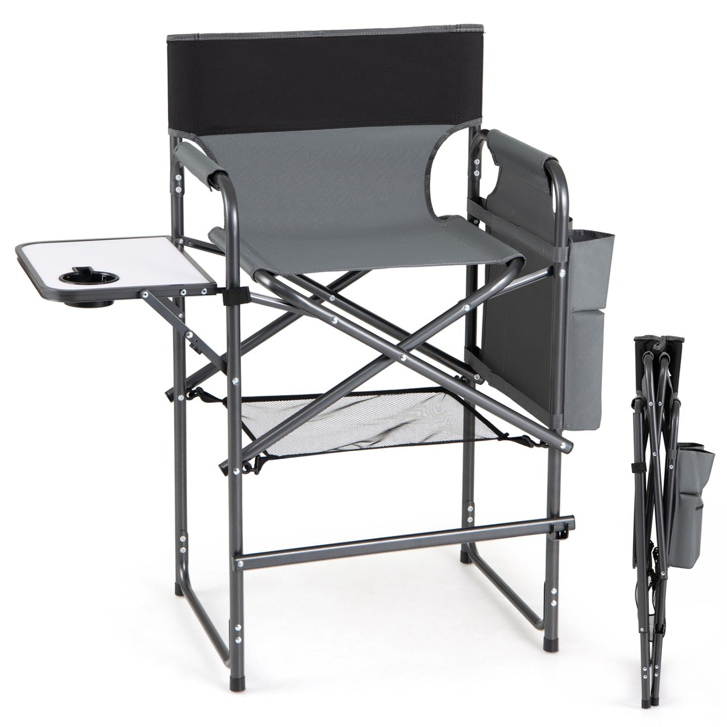 GemGear Tall Director Chair with Side Table, gray seat and black back, folding camping chair on Tampa Home & Garden Store