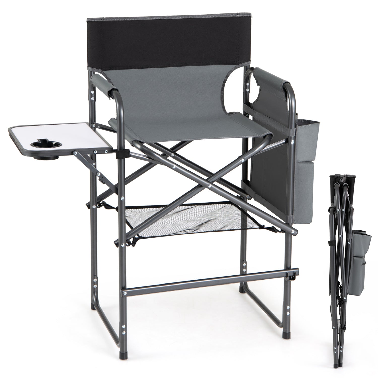 GemGear Tall Director Chair with Side Table, gray seat and black back, folding camping chair on Tampa Home & Garden Store