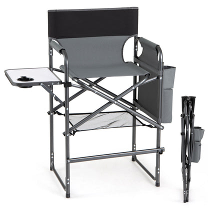 GemGear Tall Director Chair with Side Table, gray seat and black back, folding camping chair on Tampa Home & Garden Store