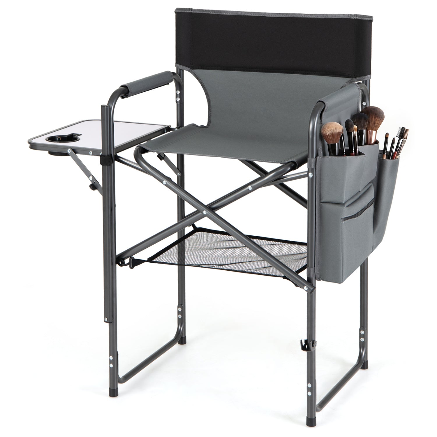 Tall Director Chair 26in seat height with side table in gray fabric by GemGear camping chair on Tampa Home & Garden Store