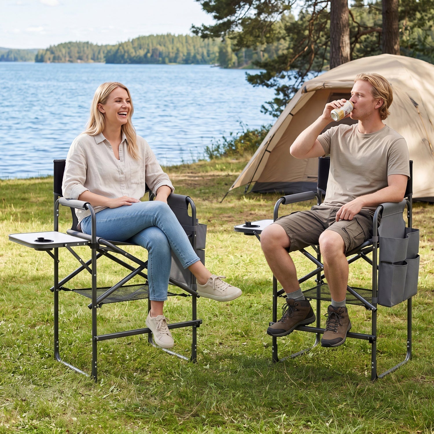 GemGear Tall Director Chair 26-inch seat height camping chair with side table in charcoal gray on Tampa Home & Garden Store